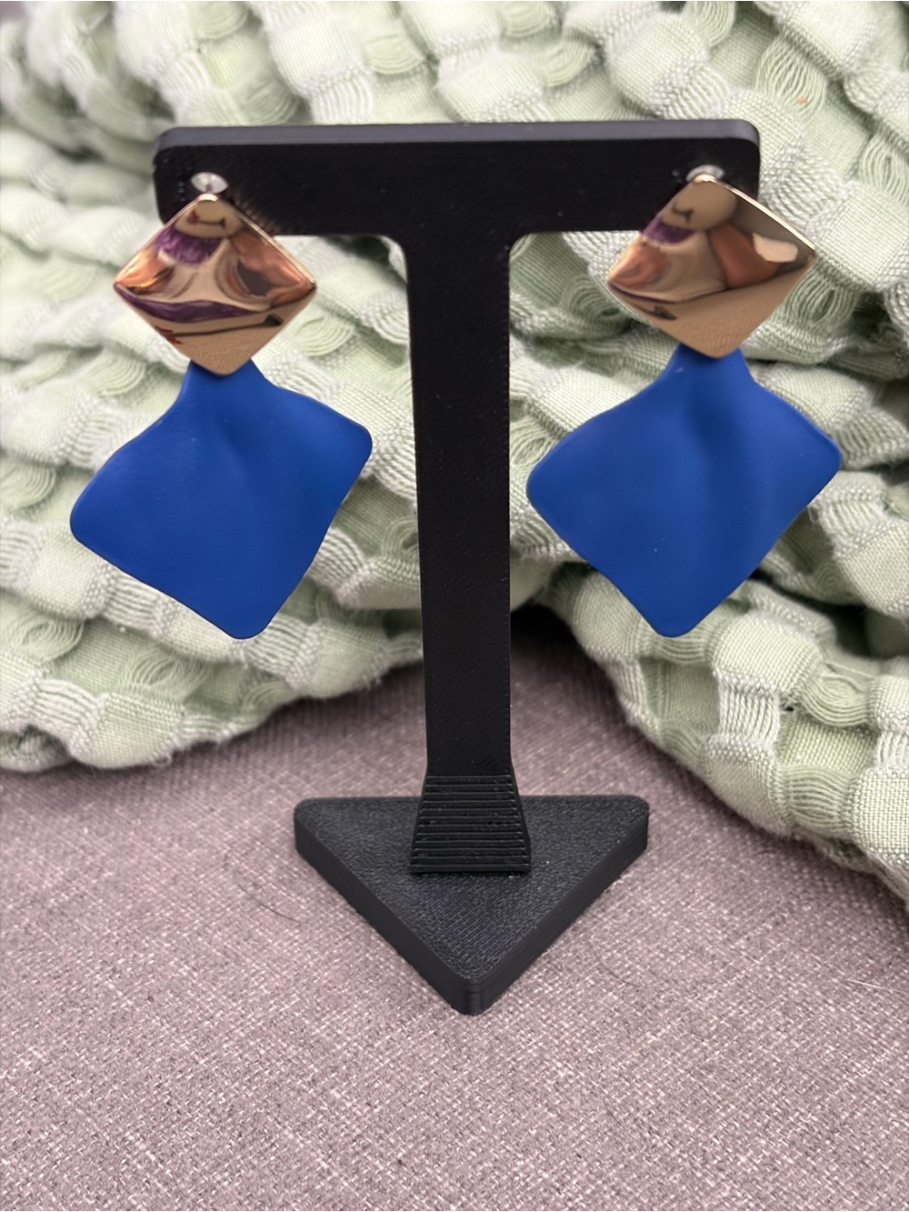 Cobalt Blue and Gold-Tone Geometric Dangle Statement Earrings